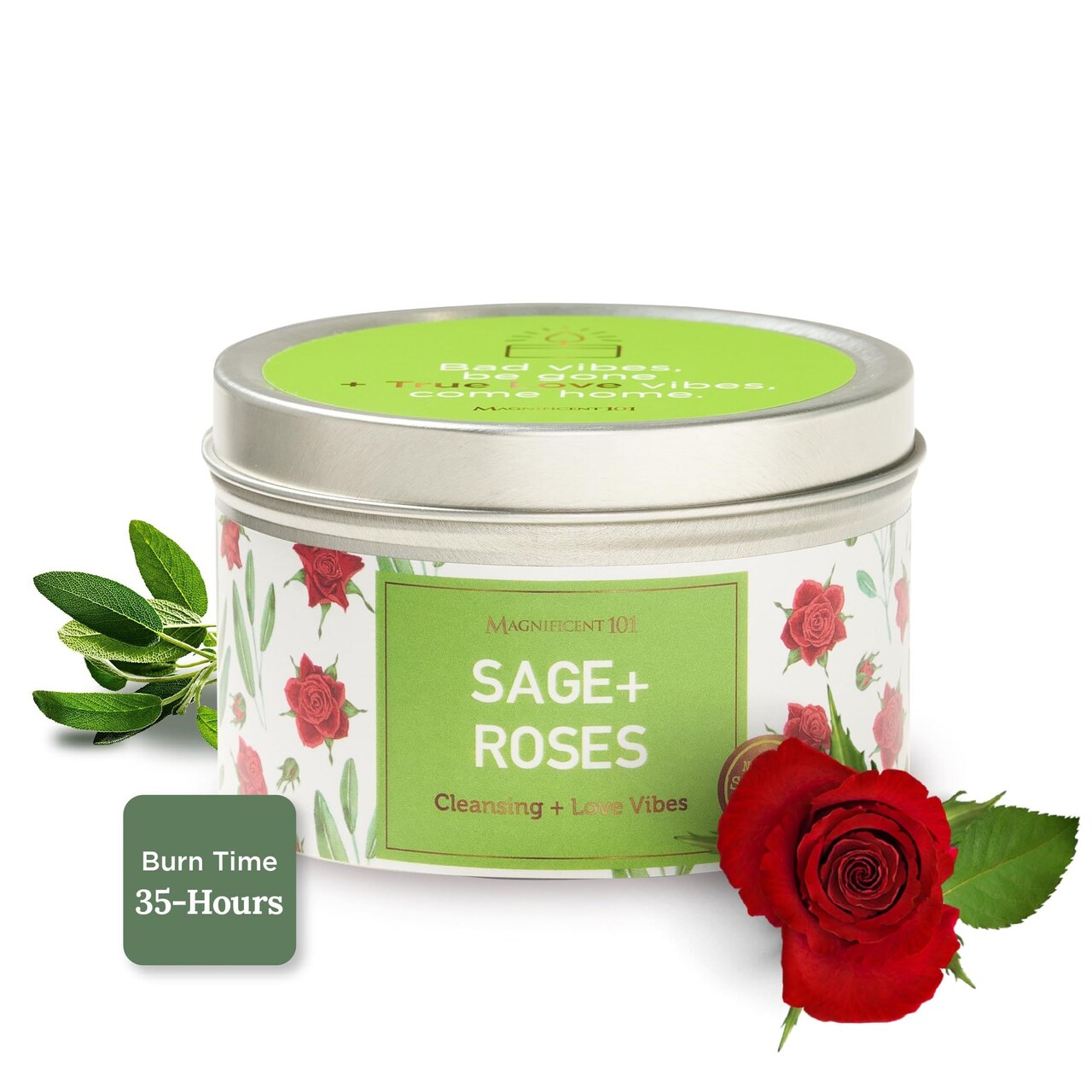 MAGNIFICENT 101 Sage & Roses Aromatherapy Candle for Space Cleansing - 6 oz Soy Wax - 35-Hour Burn - Long-Lasting Fragrance & Manifestation - Meditation Accessory & Spiritual Decor